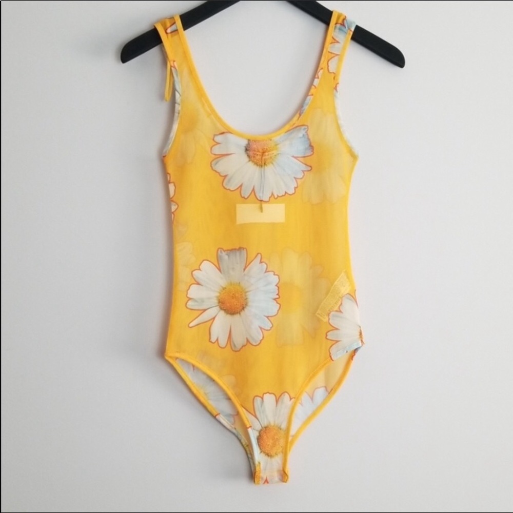 Zara Daisy Floral Print Sheer Mesh Yellow Bodysuit